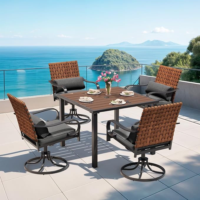 MELLCOM 5-Piece Outdoor Dining Set, 4 Swivel Leather-Look Chairs by MELLCOM
