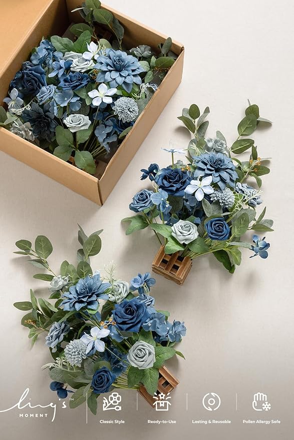 Artificial Flower Arrangements, 4 Pack, Dusty Blue and Navy Wedding Decor