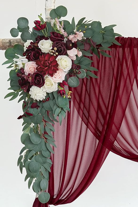 Artificial Flowers Kit, Burgundy Wedding Arch Swag with 26 Ft Draping