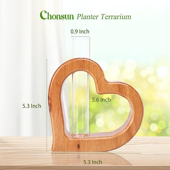 Terrarium Heart Shaped Glass Tube Plant Stand, Pine Wood, Brown