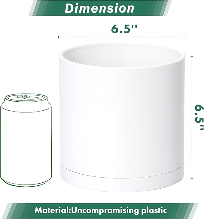 Planter Pots Set of 4, 6.5 Inch White Plastic with Drainage Holes and Saucers