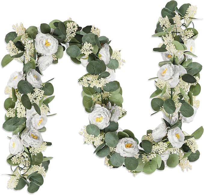 Artificial Eucalyptus Garland with Roses, 2-Piece Set, Green and White