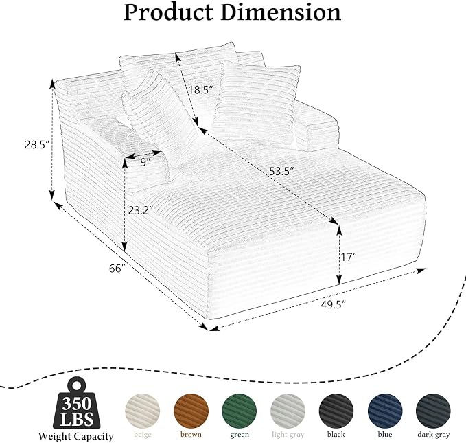 65.4" Chaise Lounge Chair Indoor, Oversized Boneless Couch Comfy Upholstered - Image 2