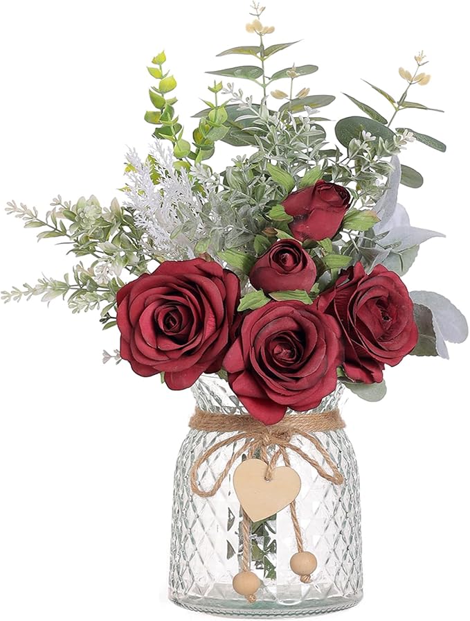 Artificial Flowers in Glass Vase, Burgundy Silk Rose Arrangement