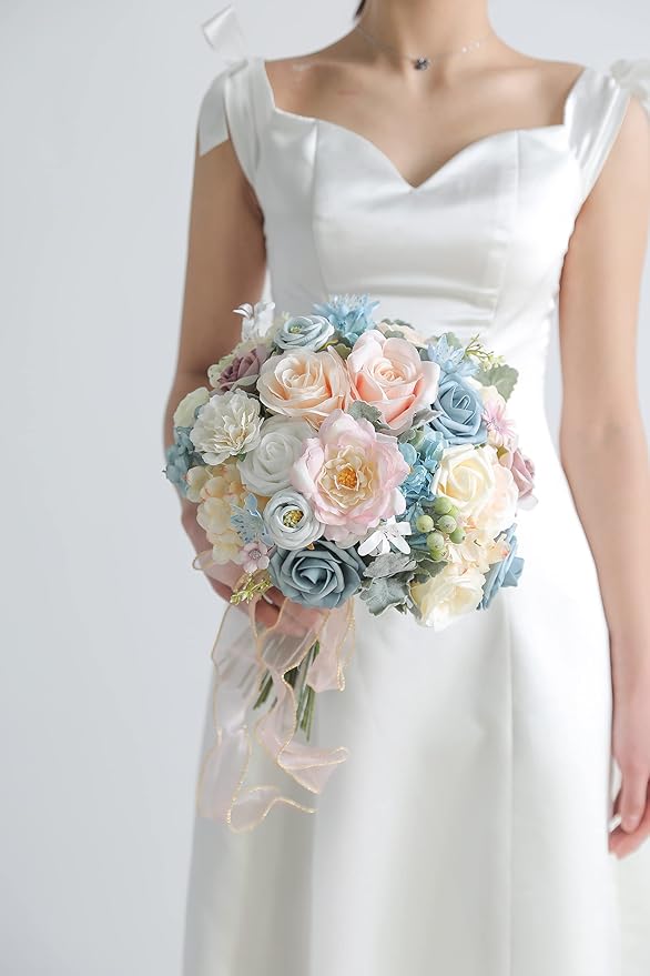 Artificial Flower Set in Blue and Pink, Faux Silk, 32 Heads and 40 Stems