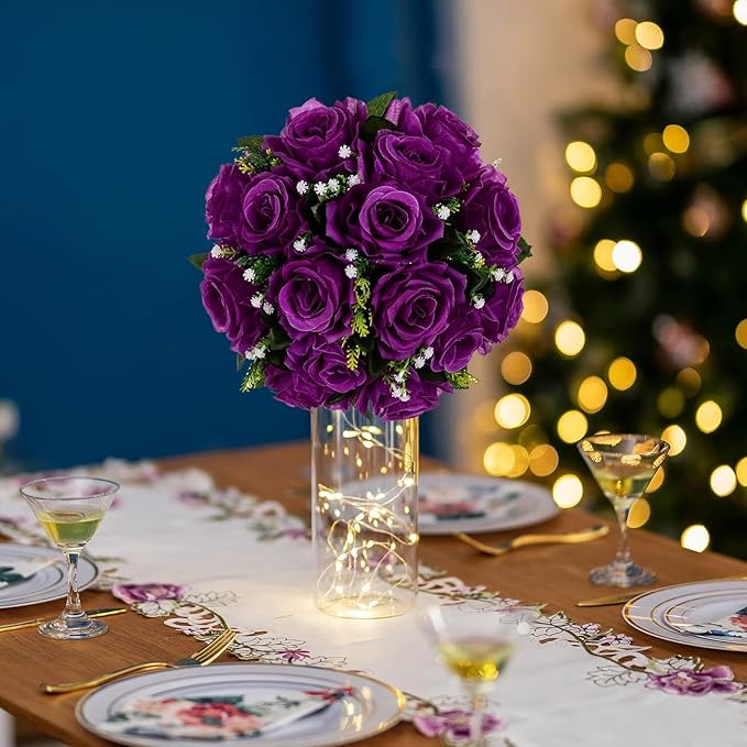 Artificial Flower Balls, 6 Pcs Purple Silk Rose Centerpieces