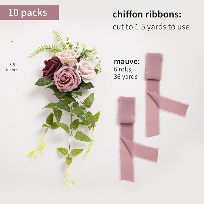 Artificial Pew Flowers Set of 10 in Mauve with Roses for Chairs