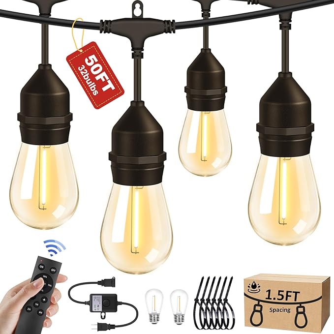 String Lights 50 FT Black Cord, Warm Yellow LED with Remote