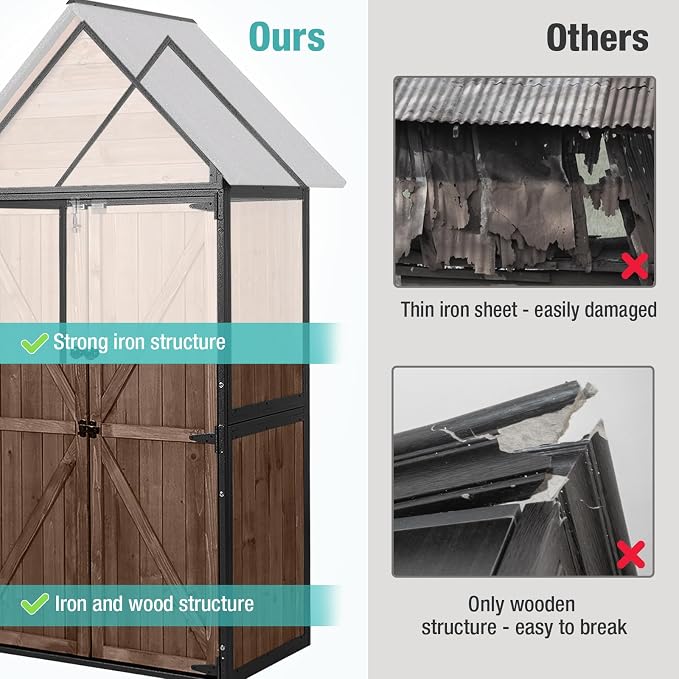 Garden Storage Shed with Metal Frame, Adjustable Shelves, Dark Brown