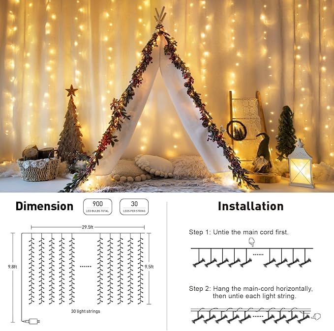 LED Curtain String Lights, 900 LEDs, Warm White, Remote, 9.5 x 29.5 ft