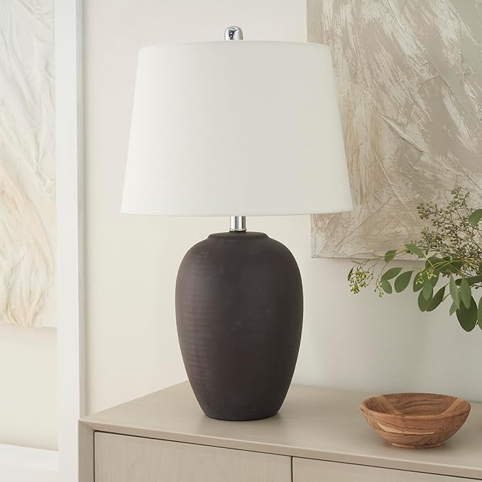 Table Lamp, Eggplant Purple Ceramic Base with White Cotton Shade