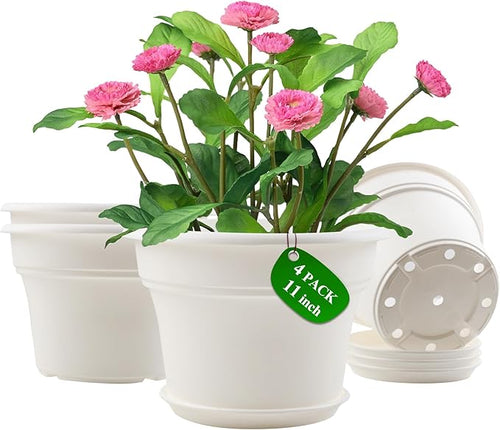 11 Inch Plastic-Flower-Pot-for-Indoor-Plants, 4 Pack Large Outdoor Planter Pot by Pottiffe
