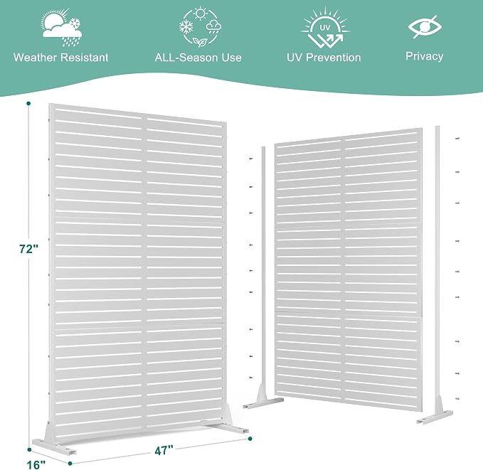Decorative Fence Metal Privacy Screen, 72 in H x 47 in W, White Louvered