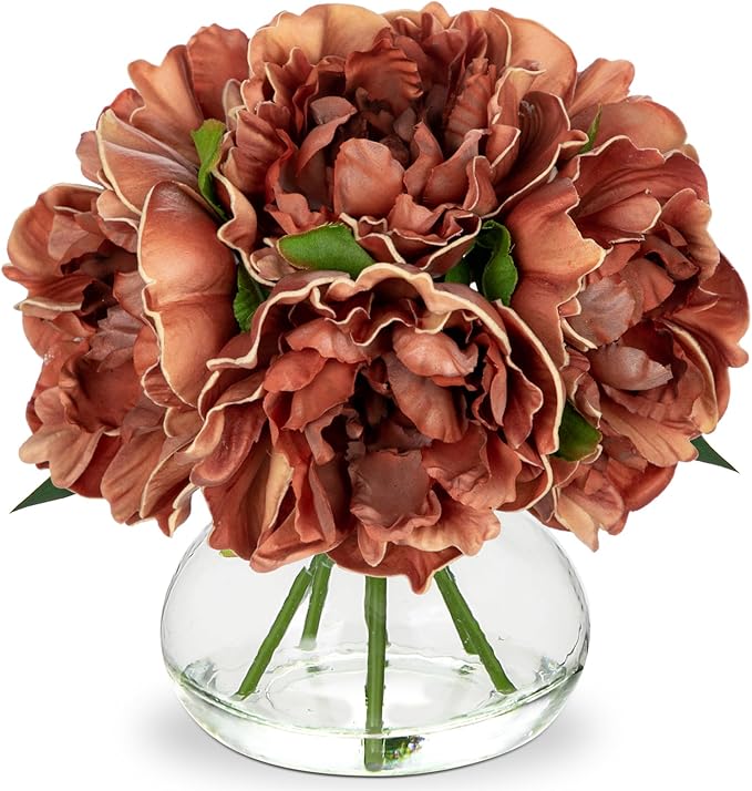 Artificial Peony Flowers in Glass Vase, 6 Silk Heads, Coffee Color