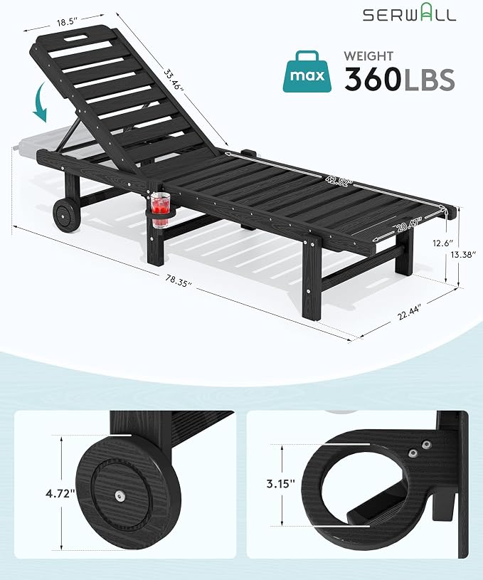 SERWALL Outdoor Chaise Lounge Set of 6, HDPE Pool Lounge Chair - Image 2