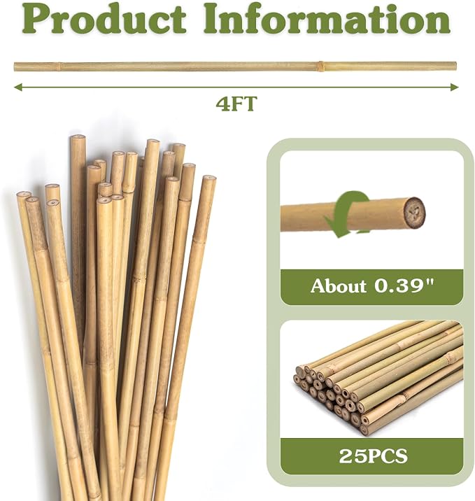 Plant Stakes 4FT, Natural Bamboo Stakes, HAINANSTRY 25Pcs Sturdy Bamboos Garden - Image 2