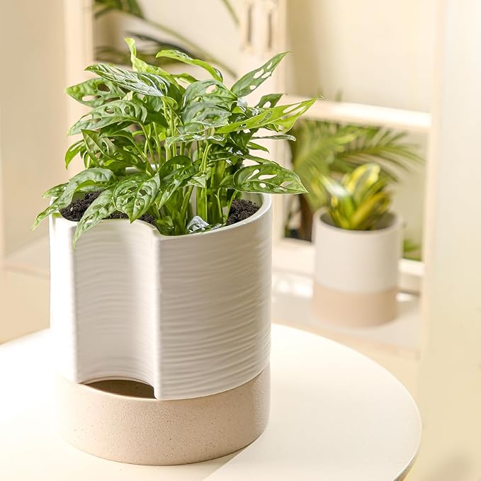 Planter Pot with Self Watering Wick, 8 Inch Ceramic, White