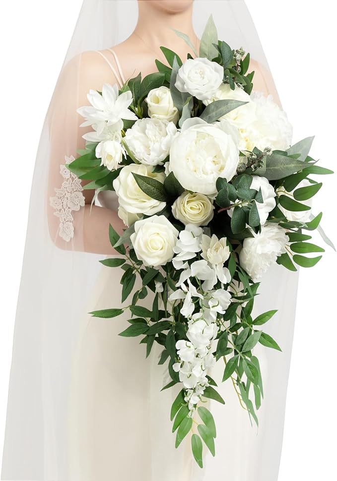 Artificial Flowers Bridal Bouquet, Ivory Silk Cascade with Pearls, 15in