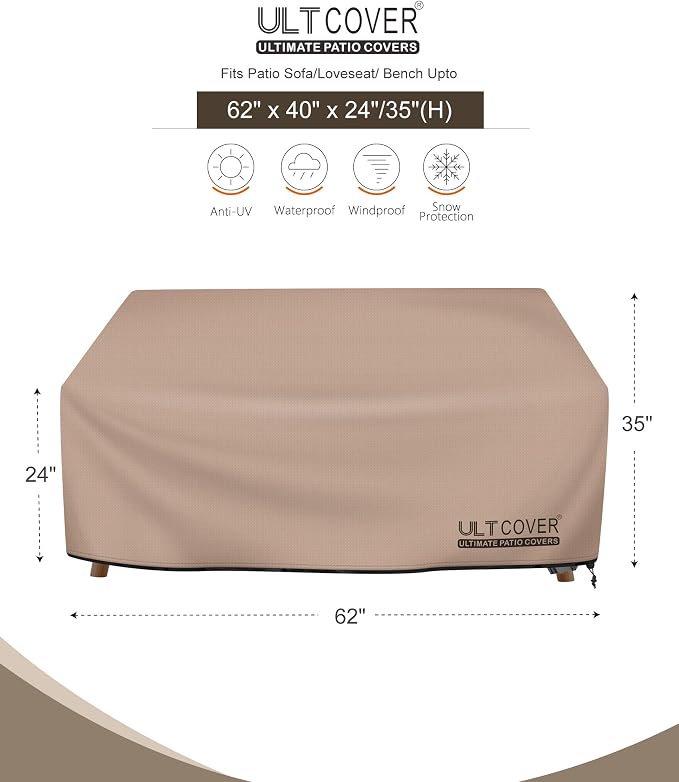 ULTCOVER Waterproof Outdoor Deep Seat Sofa Bench Cover 62W x 40D x 35H inch - Image 2