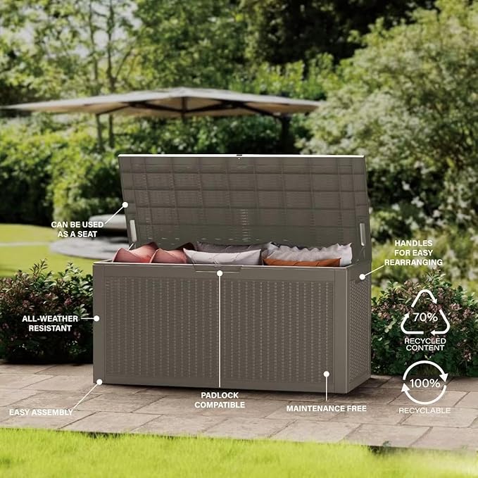 Deck Box, 100 Gallon Greige Resin, Lockable Outdoor Storage