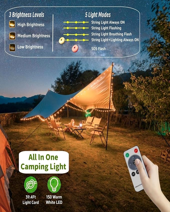 String Lights, 150 LED Solar Lantern with Remote and USB Charging