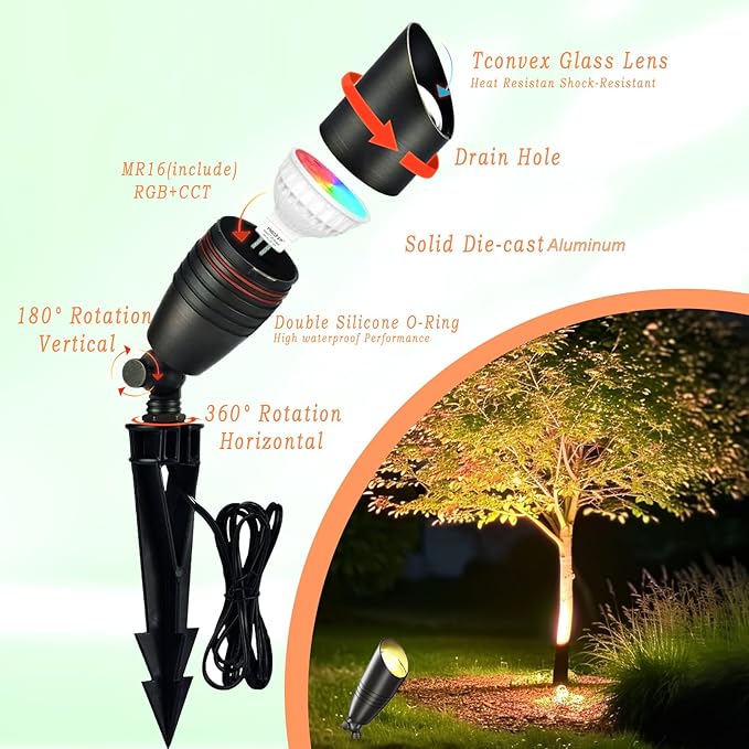 Outdoor Spotlights, 5W RGB+CCT MR16 Bulbs, Die-Cast Aluminum, 12V