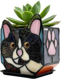 Handmade Stained Glass Black Cat Planter, Decorative Succulent Pot by Entlityful