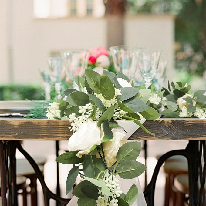Artificial Eucalyptus Garland with Champagne Roses, 2 Pack