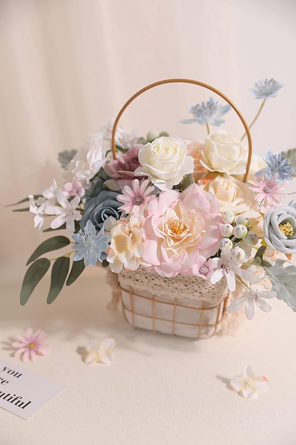 Artificial Flower Set in Blue and Pink, Faux Silk, 32 Heads and 40 Stems