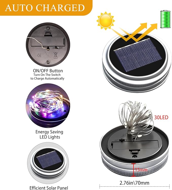 String Lights, 12 Pack Multicolor LED Solar Mason Jar Lights for Outdoor Use