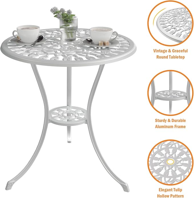 Bistro Set 3-Piece White Cast Aluminum Patio Table and 2 Chairs