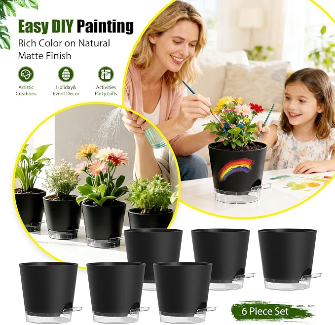 Plant Pots 7 Inch Self Watering Pots, 6 Pack Plastic Planters - Image 6
