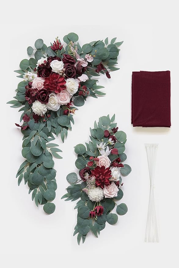 Artificial Flowers Kit, Burgundy Wedding Arch Swag with 26 Ft Draping