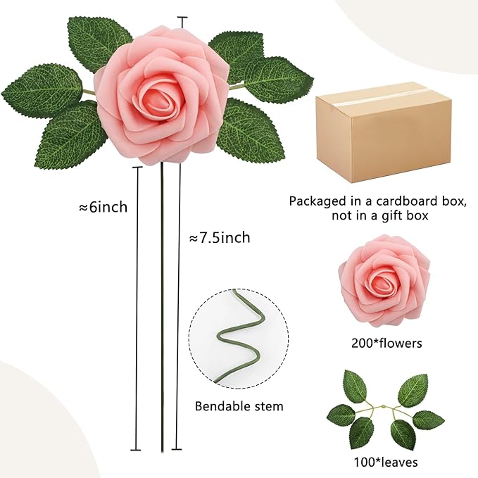 Artificial Flowers: 200 Pink Roses with 100 Leaves, Wired Stems