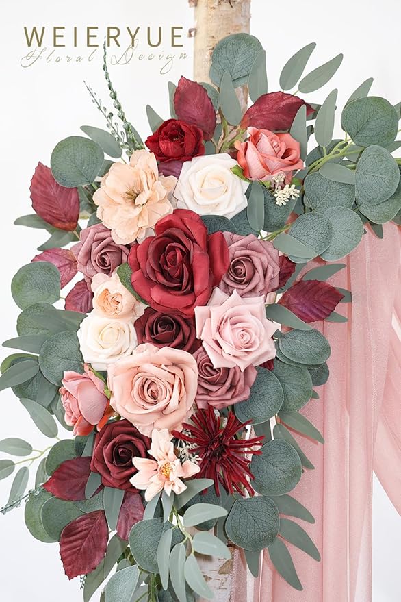 Artificial Flowers Wedding Arch Swag Kit in Cream Red with Chiffon Drape