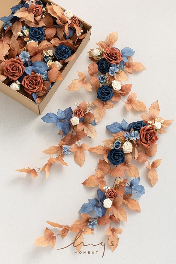 Artificial Wedding Aisle Flower Swags, 10 Pieces, Russet Orange and Denim Blue