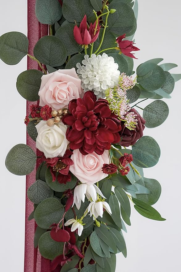 Artificial Flowers Kit, Burgundy Wedding Arch Swag with 26 Ft Draping