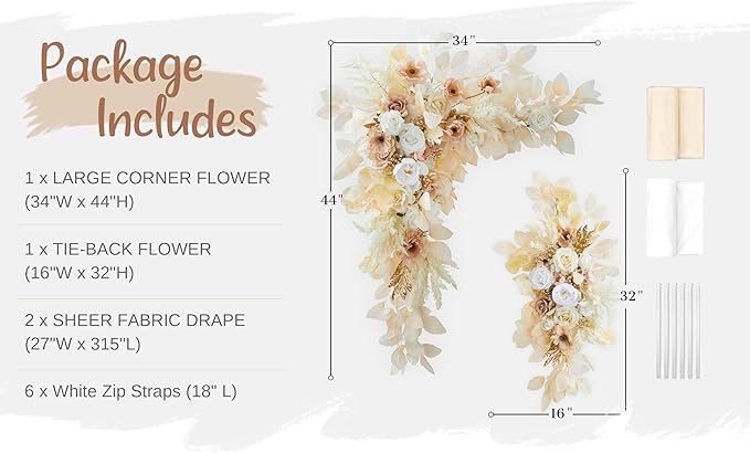 Artificial Flowers Wedding Arch Kit, Beige Silk Roses with Sheer Drapes