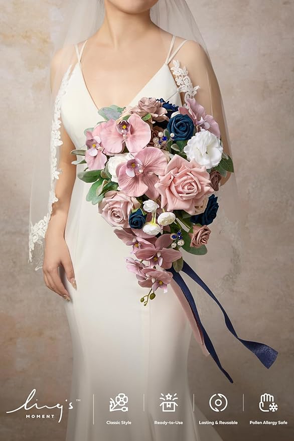Artificial Flowers Bridal Bouquet, Dusty Rose and Navy Cascade