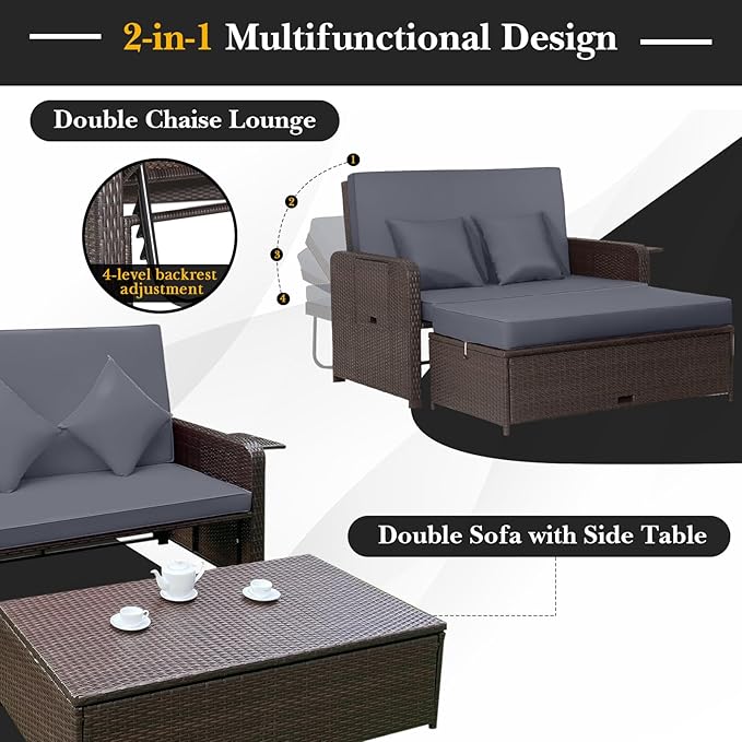 LDAILY Moccha Outdoor Daybed, Wicker Loveseat Sofa Set - Image 7