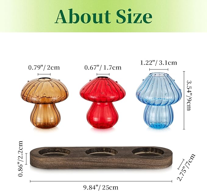 Terrariums Set of 3 Mushroom Glass Propagation Vases with Wooden Tray