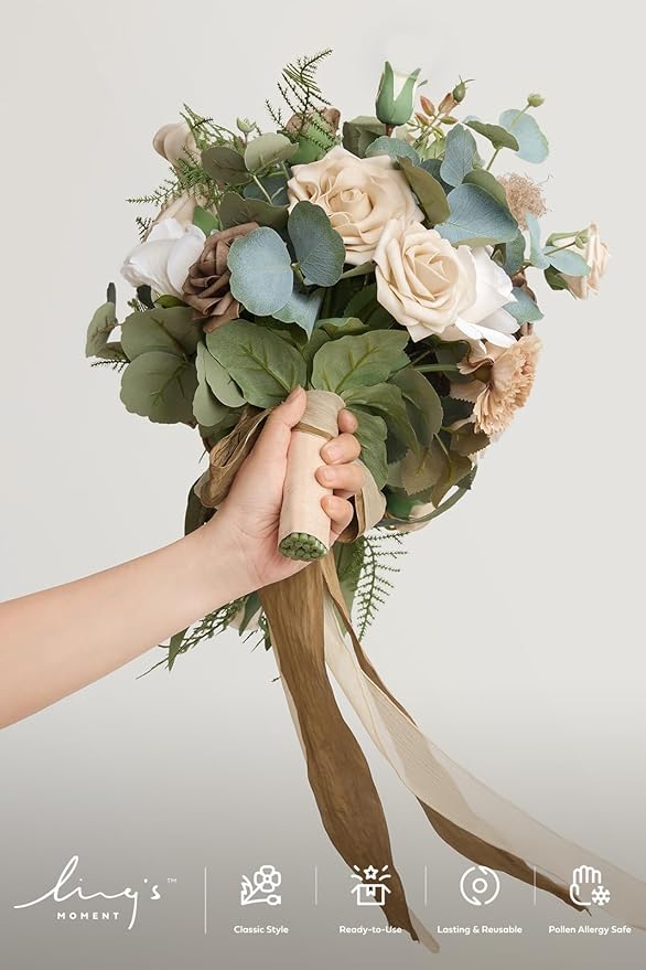 Artificial Cascade Bridal Bouquet, Brown Beige Silk Flowers, 13 x 20 in
