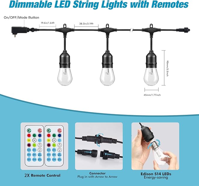 Outdoor String Lights, 96 FT Multicolor LED with Remote