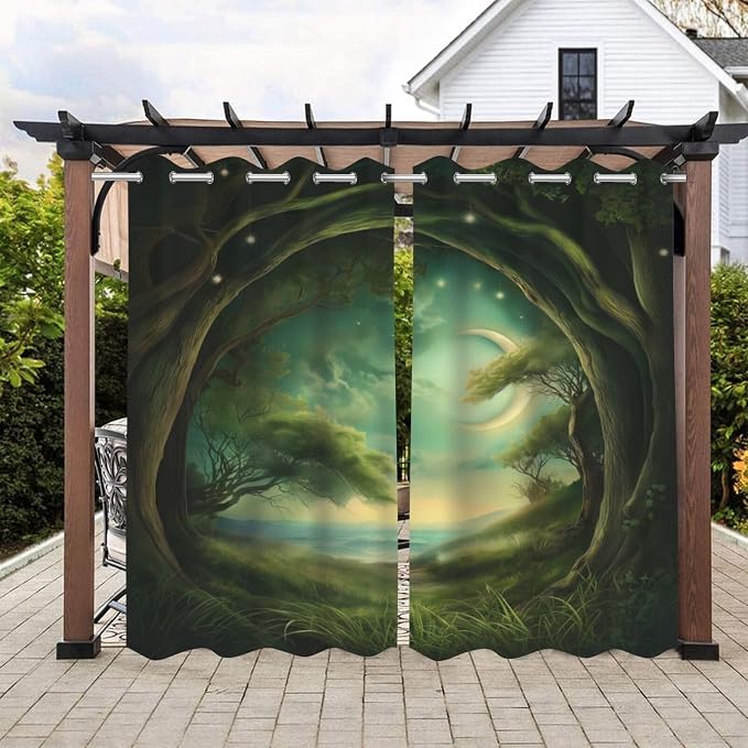 Forest Theme Outdoor Curtains for Patio Waterproof, Trees Moon Lake Pattern by Lirduipu