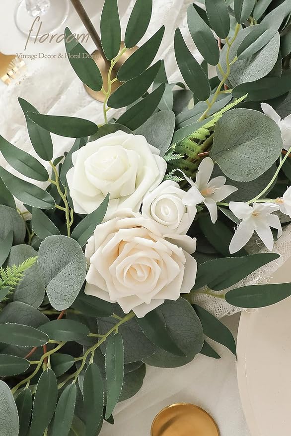 Artificial Flower Garland, 6 ft Ivory Eucalyptus Vine with Roses
