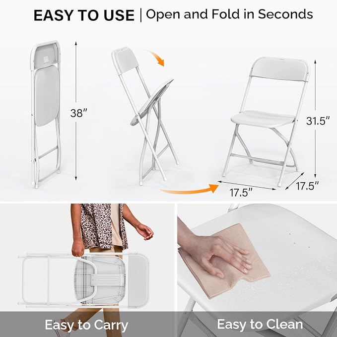 VINGLI 2 Pack White Plastic Folding Chair, Indoor Outdoor Portable Stackable - Image 3