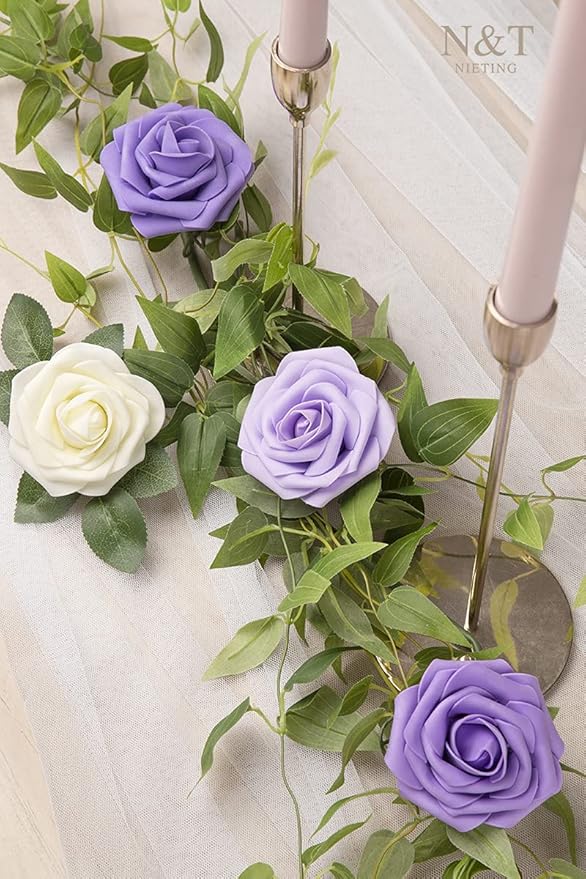 Artificial Flowers, 50 Purple Foam Roses with Stems and Leaves