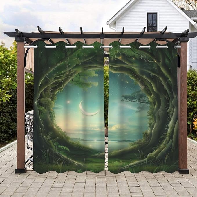 Forest Theme Waterproof Indoor/Outdoor Curtains, Trees Moon Lake Pattern by Lirduipu