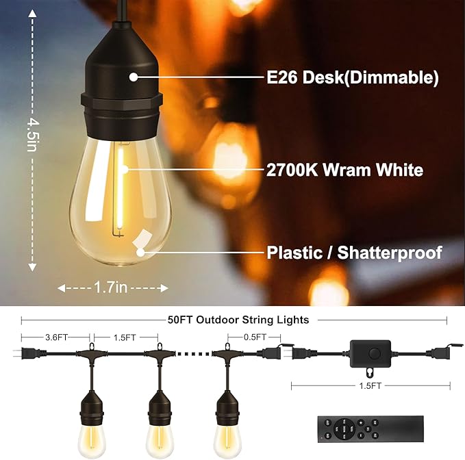 String Lights 50 FT Black Cord, Warm Yellow LED with Remote