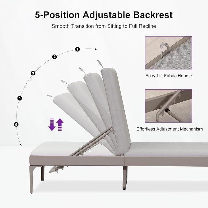 PURPLE LEAF Outdoor Chaise Lounge Set of 2 Aluminum Adjustable Patio Lounger - Image 6